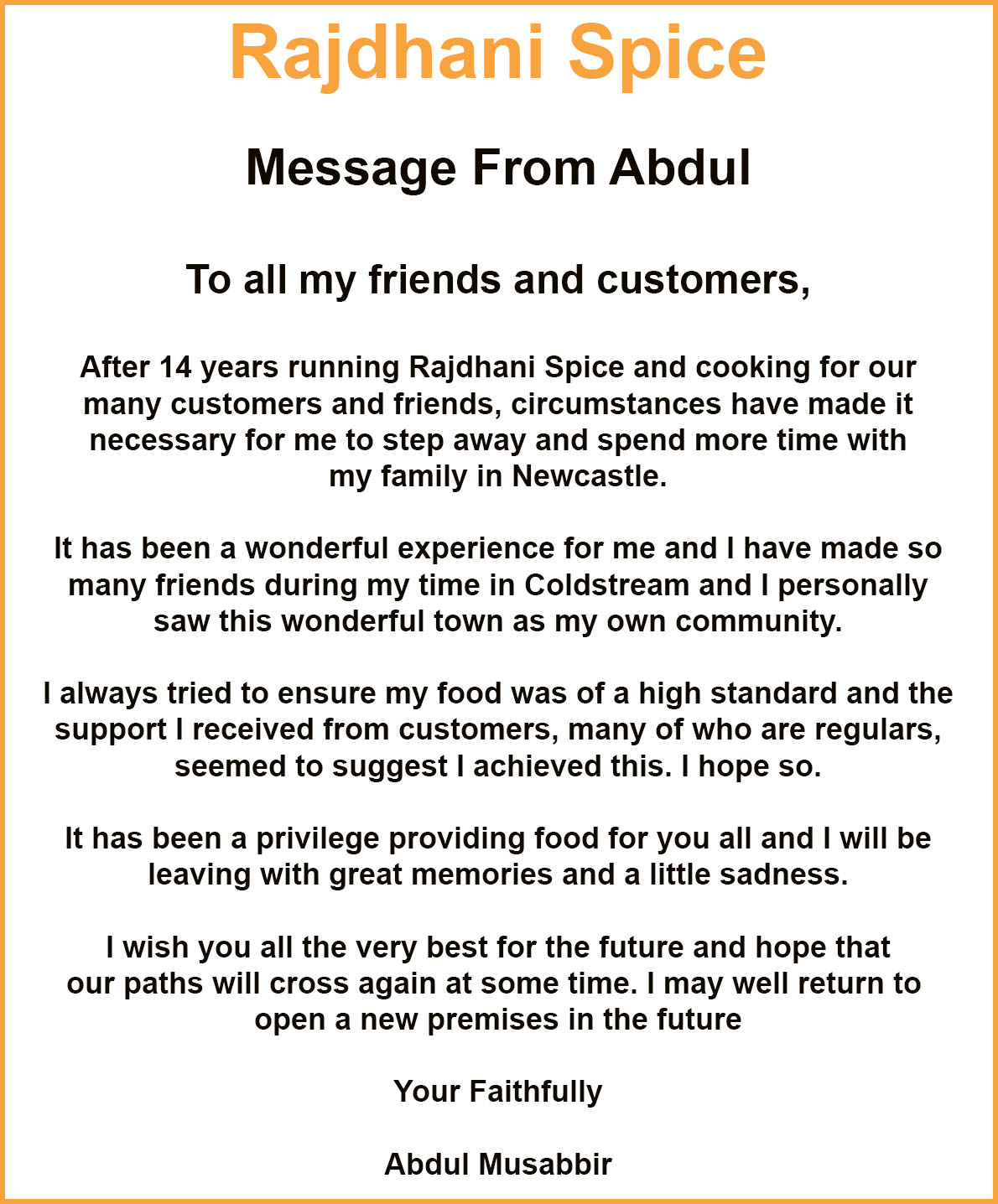Message from Abdul regarding Rajdhani Spice